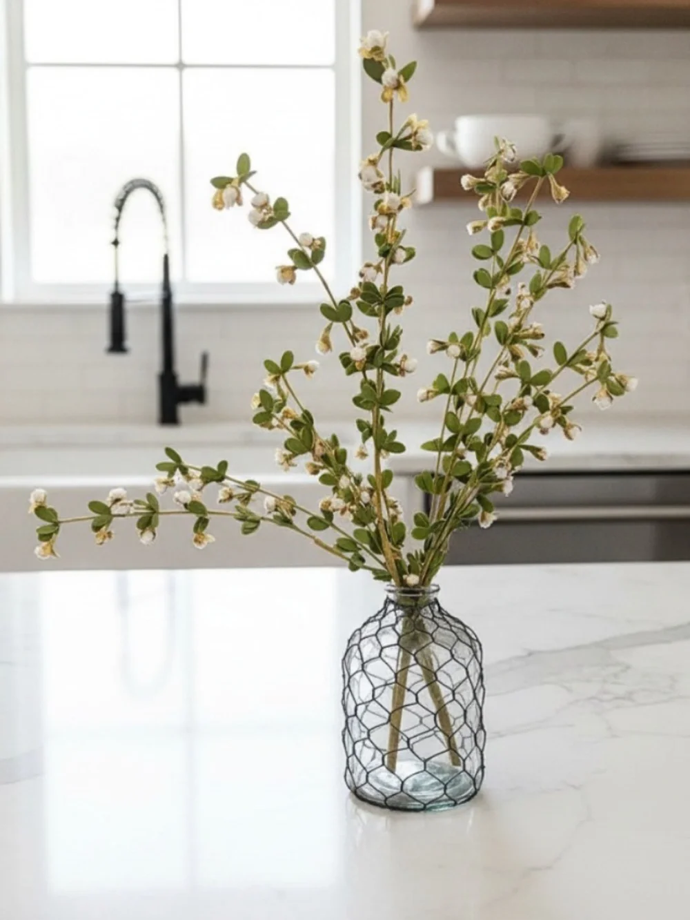 Glass Bottle Vase & Boxwood Floral Stems
